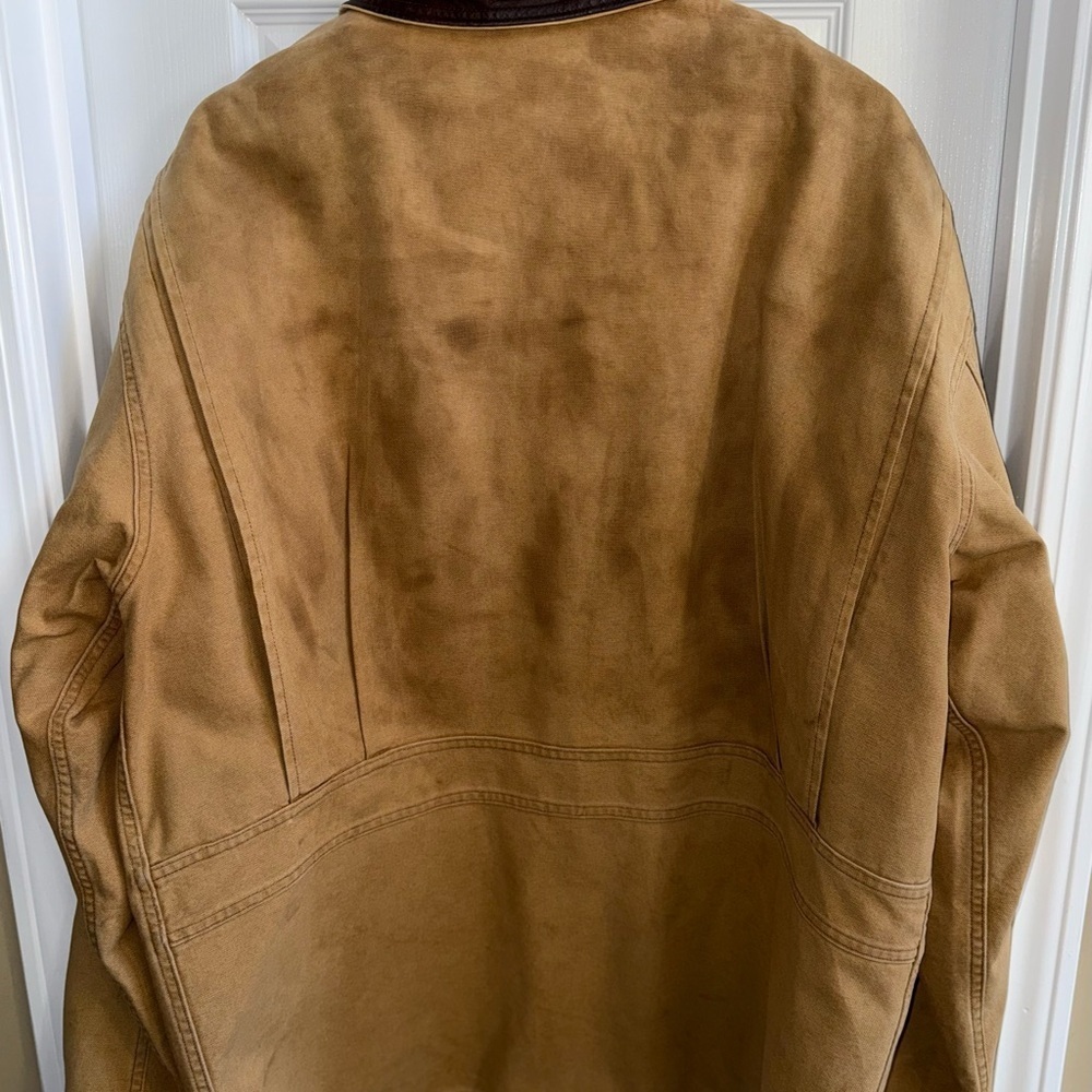 Vintage Woolrich Chore Coat Cotton Mens L Tan Leather Collar Removable Fleece - Picture 2 of 12
